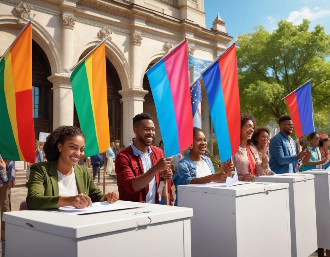 A diverse group of passionate citizens actively participating in a local voting station, showcasing vibrant expressions of joy and determination. Include colorful voting booths with clear ballots in hand, surrounded by banners of unity and democracy. The backdrop features a picturesque city hall with greenery and flags, symbolizing community spirit. Capture the essence of heartfelt participation and transformation in local voting dynamics. super-realistic. vibrant colors. 3D.