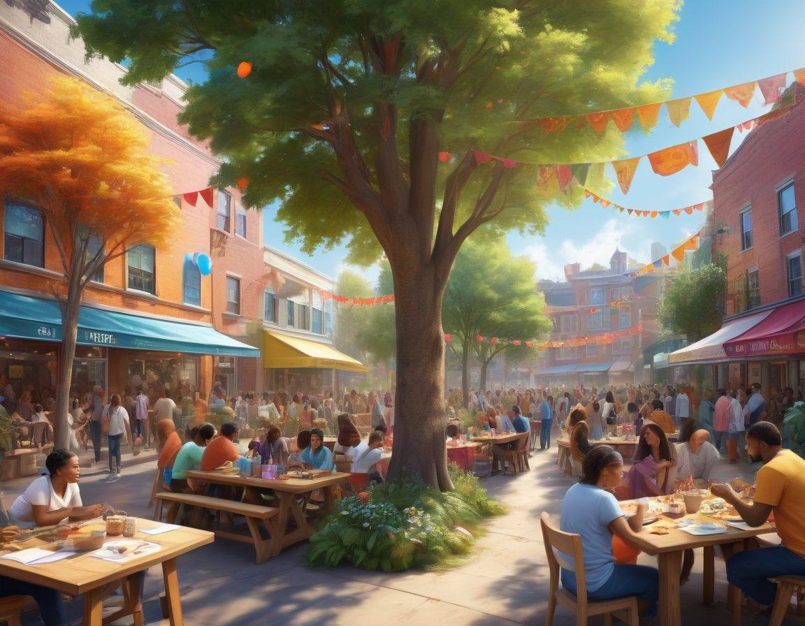 A vibrant community gathering scene with people of diverse backgrounds passionately engaging in conversation and collaboration. Banners highlighting various community initiatives hang in the background, while individuals are depicted actively participating in activities like planting trees, painting murals, and holding workshops. The atmosphere exudes warmth and enthusiasm, with colorful decorations representing love and unity among community members. super-realistic. vibrant colors. 3D.